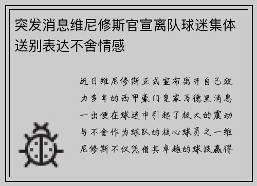突发消息维尼修斯官宣离队球迷集体送别表达不舍情感 突发消息维尼修斯官宣离队球迷集体送别表达不舍情感